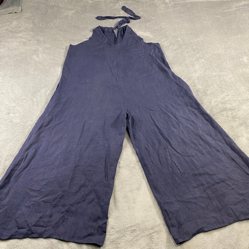 Women Navy Blue Linen Blend Wide Leg Halter Neck Jumpsuit Boho Vacation